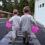Sarah and Addie set off for an Easter Egg Hunt