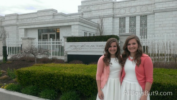 Emily and Anna pose outside the Detroit temple during a visit to  their Grandpa and Grandma C's. 